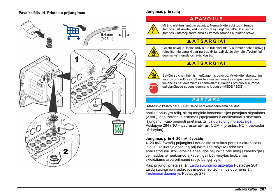 Jungimas prie relių, Jungimas prie 4–20 ma išvesčių, Paveikslėlis 14 | Būtinai naudokite jungčiai nurodyto kalibro laidą | Hach-Lange HACH 5500 sc SiO2 Installation User Manual | Page 287 / 418