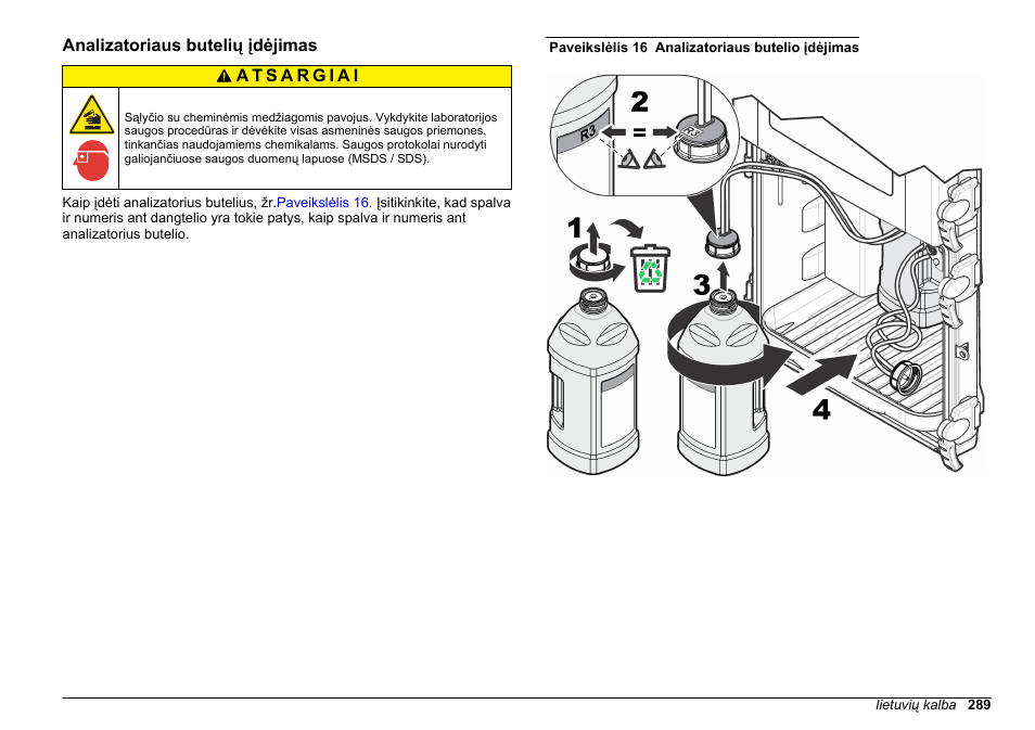 Analizatoriaus butelių įdėjimas | Hach-Lange HACH 5500 sc SiO2 Installation User Manual | Page 289 / 418