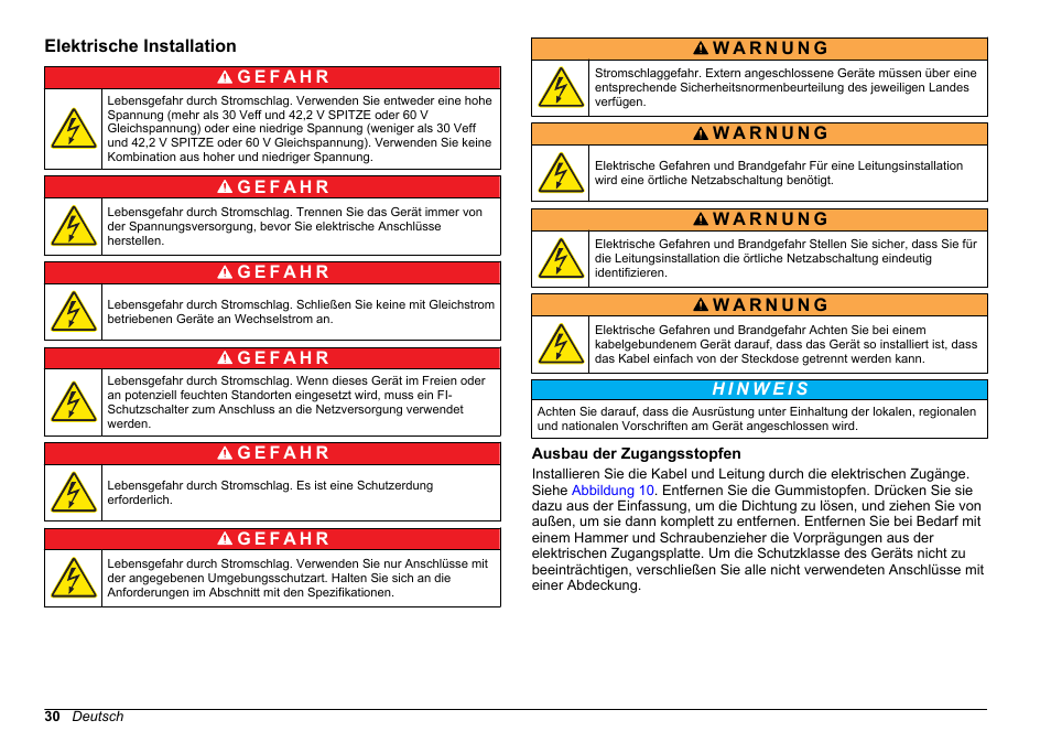 Elektrische installation, Ausbau der zugangsstopfen | Hach-Lange HACH 5500 sc SiO2 Installation User Manual | Page 30 / 418