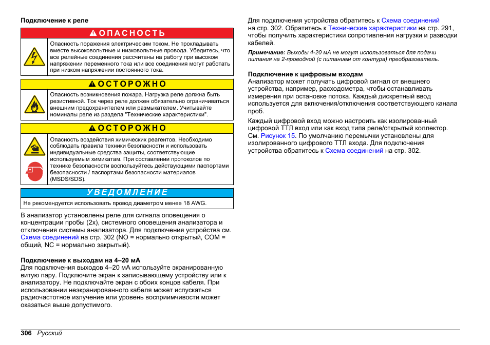 Подключение к реле, Подключение к выходам на 4–20 ма, Подключение к цифровым входам | Hach-Lange HACH 5500 sc SiO2 Installation User Manual | Page 306 / 418