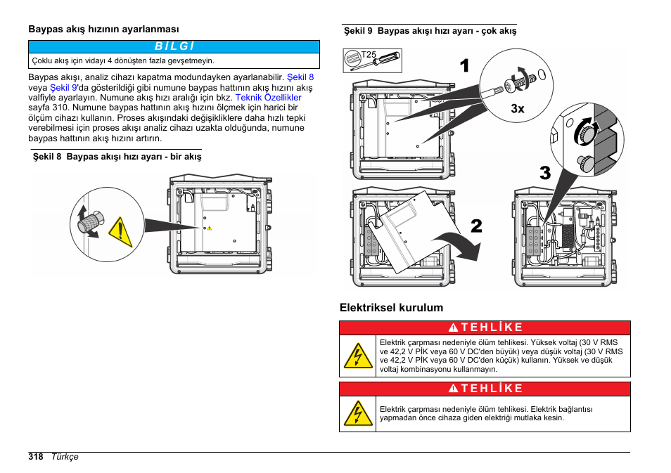 Baypas akış hızının ayarlanması, Elektriksel kurulum | Hach-Lange HACH 5500 sc SiO2 Installation User Manual | Page 318 / 418