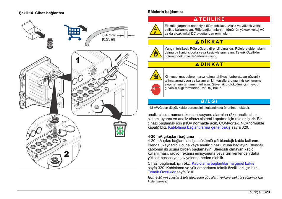 Rölelerin bağlantısı, 20 ma çıkışları bağlama, Şekil 14 | Hach-Lange HACH 5500 sc SiO2 Installation User Manual | Page 323 / 418