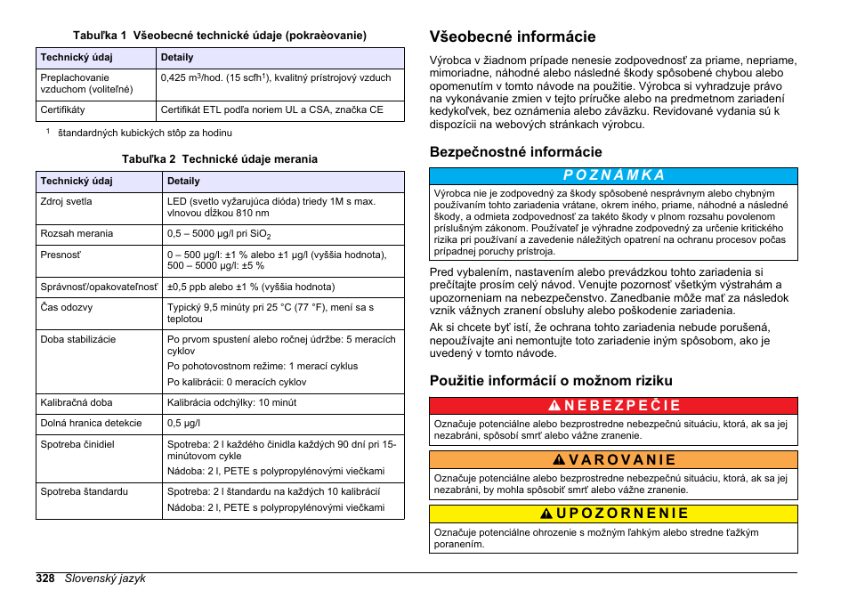 Všeobecné informácie, Bezpečnostné informácie, Použitie informácií o možnom riziku | Na strane 328 | Hach-Lange HACH 5500 sc SiO2 Installation User Manual | Page 328 / 418