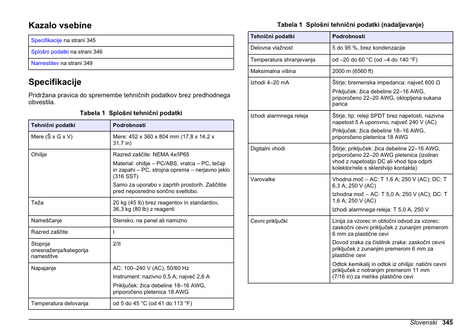 Namestitev, Kazalo vsebine, Specifikacije | Slovenski | Hach-Lange HACH 5500 sc SiO2 Installation User Manual | Page 345 / 418