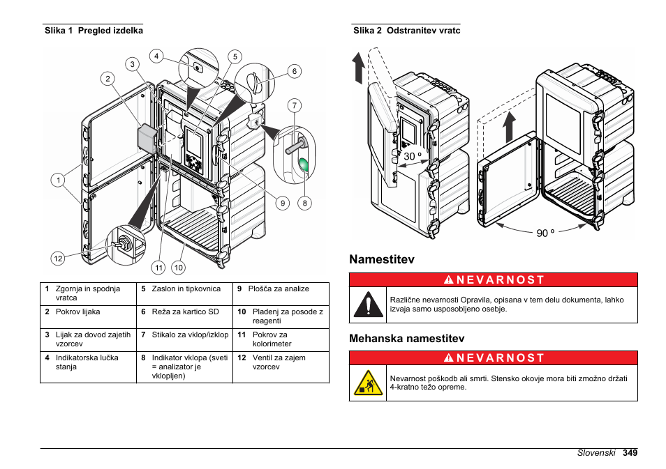 Namestitev, Mehanska namestitev, Glejte | Slika 1, Za pregled, Enostavno odstranite. glejte, Slika 2 | Hach-Lange HACH 5500 sc SiO2 Installation User Manual | Page 349 / 418