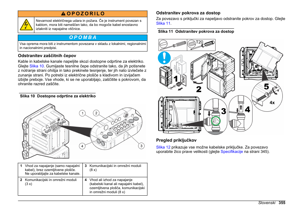 Odstranitev zaščitnih čepov, Odstranitev pokrova za dostop, Pregled priključkov | Hach-Lange HACH 5500 sc SiO2 Installation User Manual | Page 355 / 418