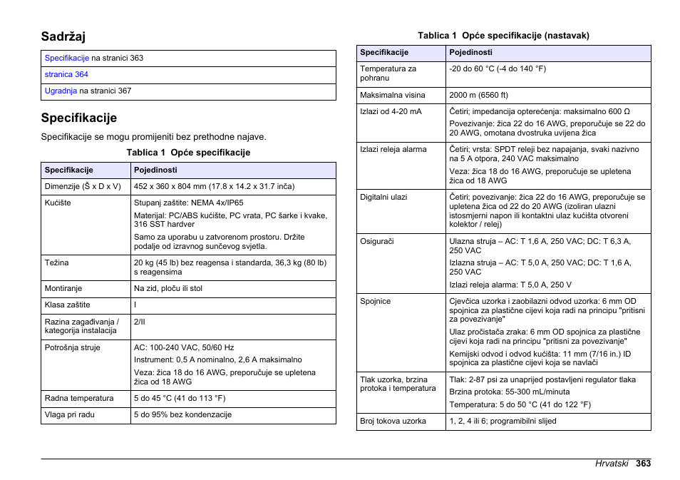 Ugradnja, Sadržaj, Specifikacije | Hrvatski | Hach-Lange HACH 5500 sc SiO2 Installation User Manual | Page 363 / 418