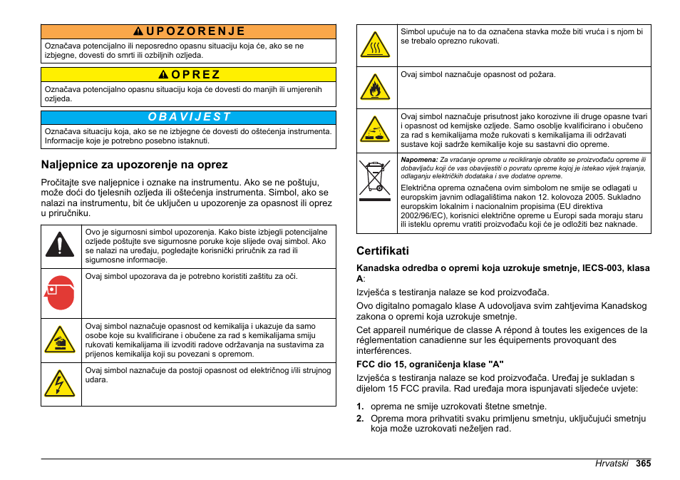 Naljepnice za upozorenje na oprez, Certifikati | Hach-Lange HACH 5500 sc SiO2 Installation User Manual | Page 365 / 418