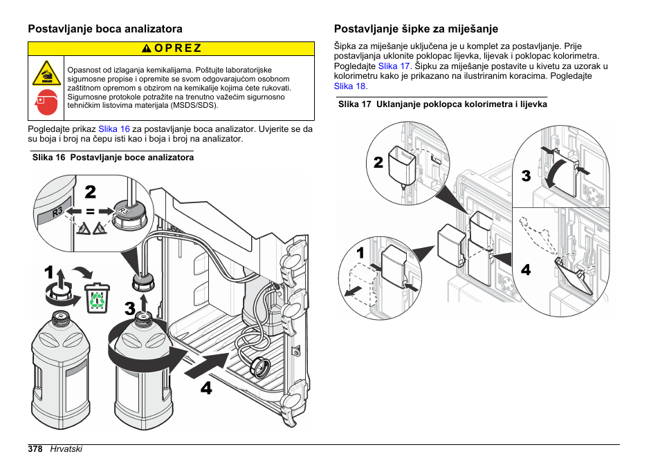 Postavljanje boca analizatora, Postavljanje šipke za miješanje | Hach-Lange HACH 5500 sc SiO2 Installation User Manual | Page 378 / 418