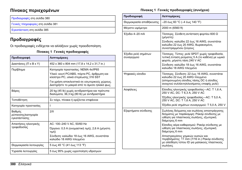 Εγκατάσταση, Πίνακας περιεχομένων, Προδιαγραφές | Ελληνικά | Hach-Lange HACH 5500 sc SiO2 Installation User Manual | Page 380 / 418