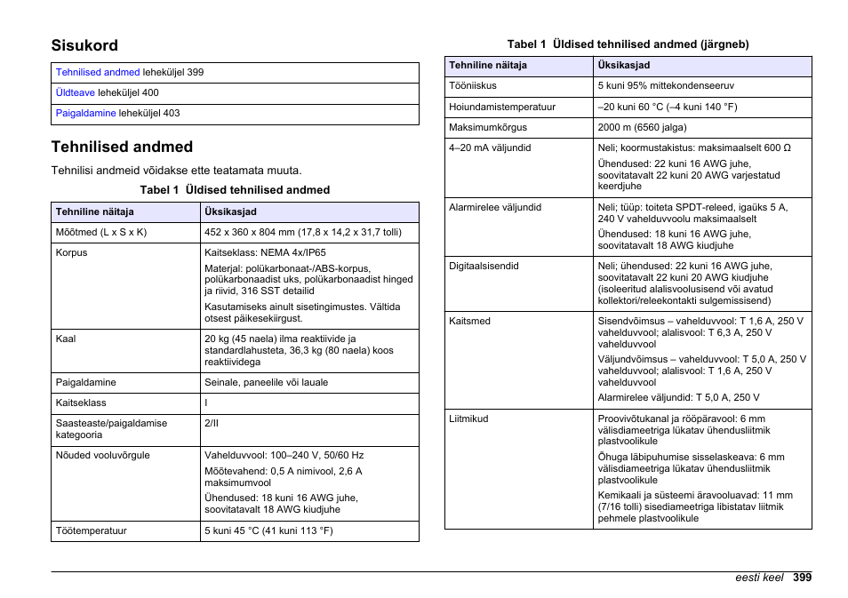 Paigaldamine, Sisukord, Tehnilised andmed | Eesti keel | Hach-Lange HACH 5500 sc SiO2 Installation User Manual | Page 399 / 418