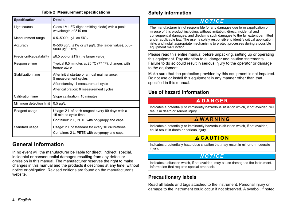 General information, Safety information, Use of hazard information | Precautionary labels | Hach-Lange HACH 5500 sc SiO2 Installation User Manual | Page 4 / 418