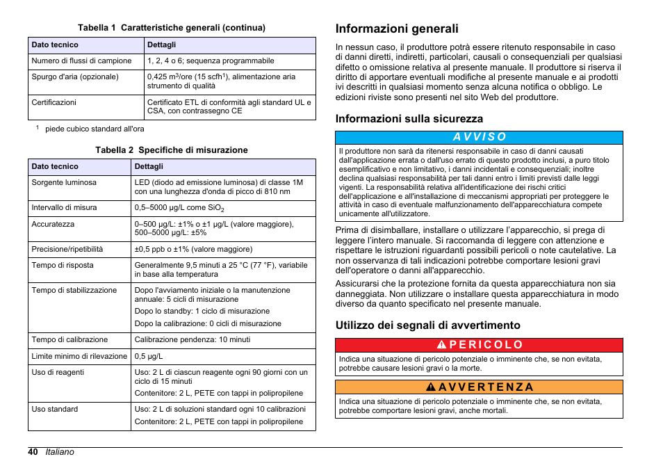 Informazioni generali, Informazioni sulla sicurezza, Utilizzo dei segnali di avvertimento | Hach-Lange HACH 5500 sc SiO2 Installation User Manual | Page 40 / 418