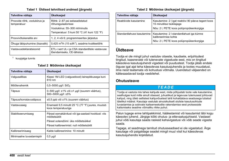 Üldteave, Ohutusteave | Hach-Lange HACH 5500 sc SiO2 Installation User Manual | Page 400 / 418