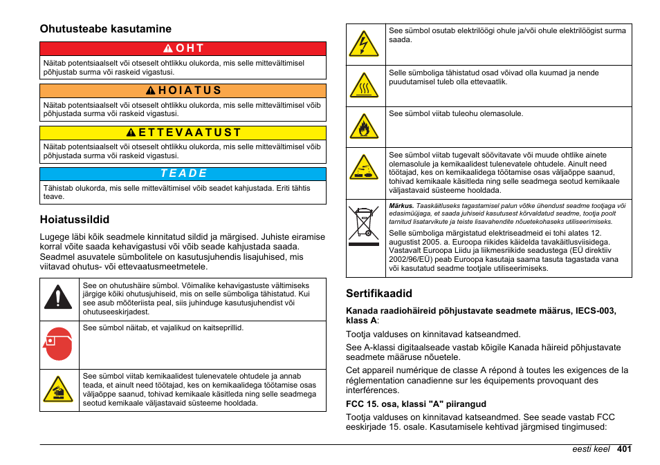 Ohutusteabe kasutamine, Hoiatussildid, Sertifikaadid | Ohutusteabe kasutamine o h t | Hach-Lange HACH 5500 sc SiO2 Installation User Manual | Page 401 / 418