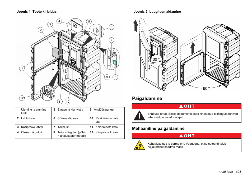 Paigaldamine, Mehaaniline paigaldamine, Leheküljel | Ülevaadet vt, Joonis 1, Eemaldada. vt, Joonis 2, O h t, Mehaaniline paigaldamine o h t | Hach-Lange HACH 5500 sc SiO2 Installation User Manual | Page 403 / 418