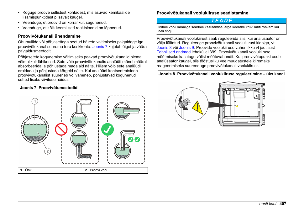 Proovivõtukanali ühendamine, Proovivõtukanali voolukiiruse seadistamine | Hach-Lange HACH 5500 sc SiO2 Installation User Manual | Page 407 / 418