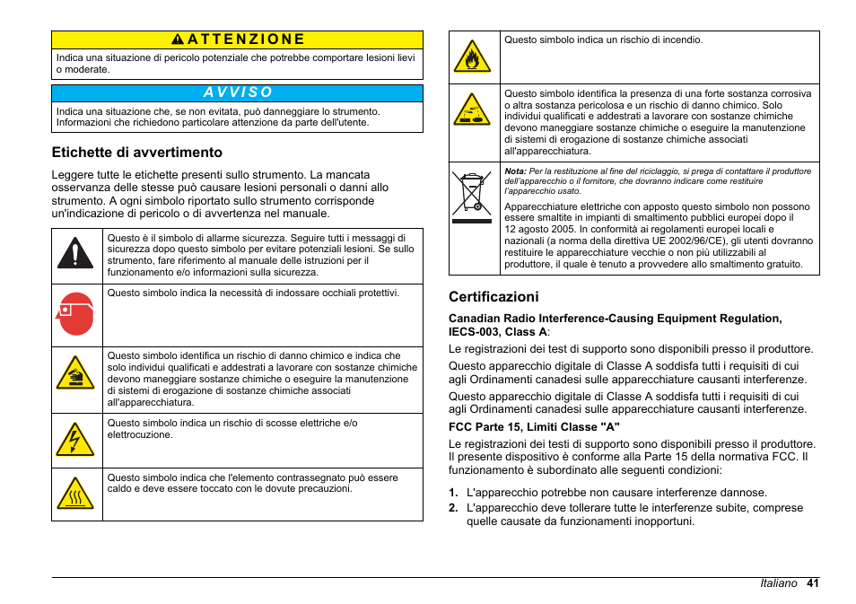 Etichette di avvertimento, Certificazioni | Hach-Lange HACH 5500 sc SiO2 Installation User Manual | Page 41 / 418