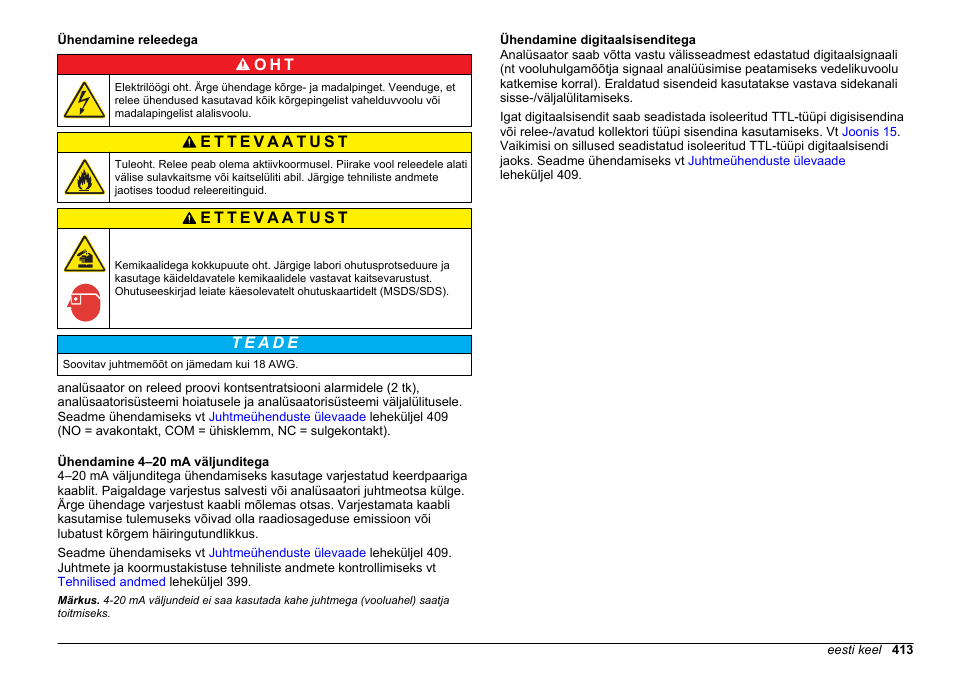 Ühendamine releedega, Ühendamine 4–20 ma väljunditega, Ühendamine digitaalsisenditega | O h t | Hach-Lange HACH 5500 sc SiO2 Installation User Manual | Page 413 / 418