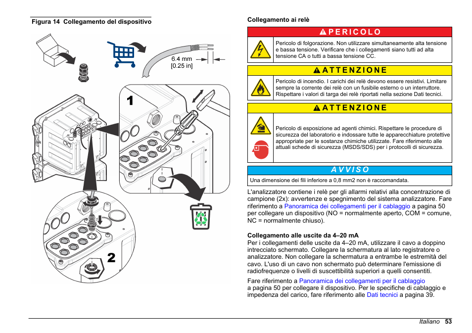 Collegamento ai relè, Collegamento alle uscite da 4–20 ma, Figura 14 | Hach-Lange HACH 5500 sc SiO2 Installation User Manual | Page 53 / 418