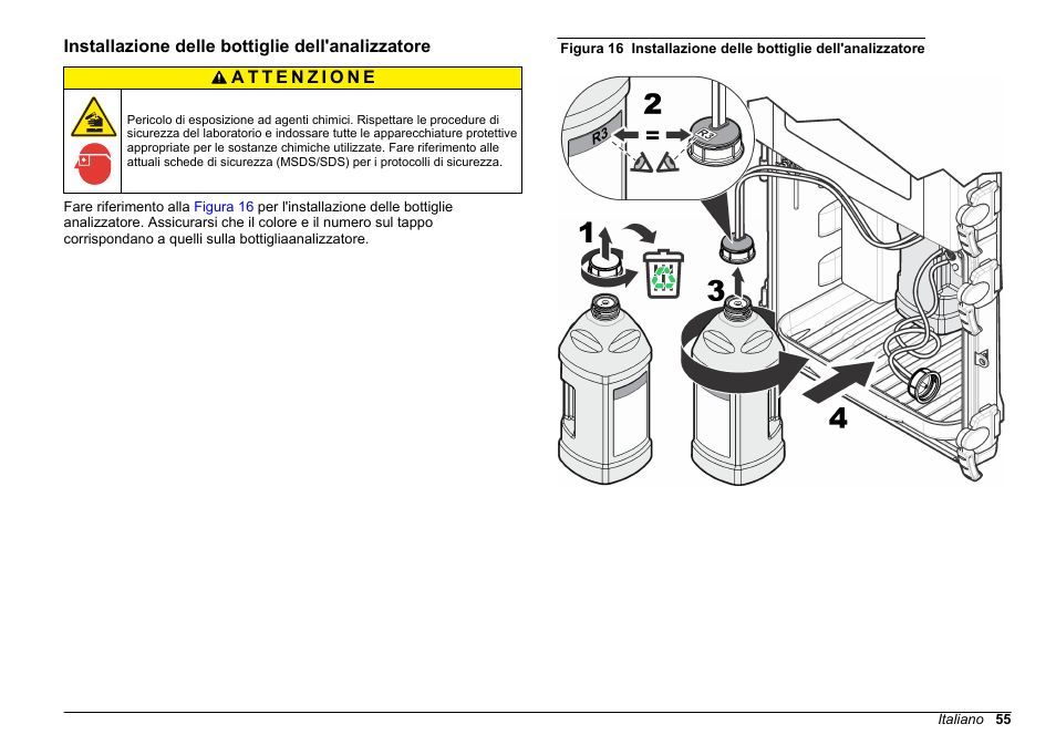 Installazione delle bottiglie dell'analizzatore | Hach-Lange HACH 5500 sc SiO2 Installation User Manual | Page 55 / 418