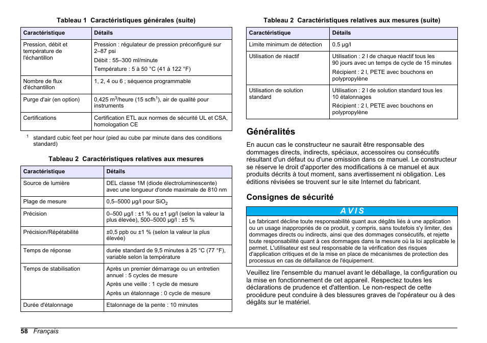 Généralités, Consignes de sécurité | Hach-Lange HACH 5500 sc SiO2 Installation User Manual | Page 58 / 418