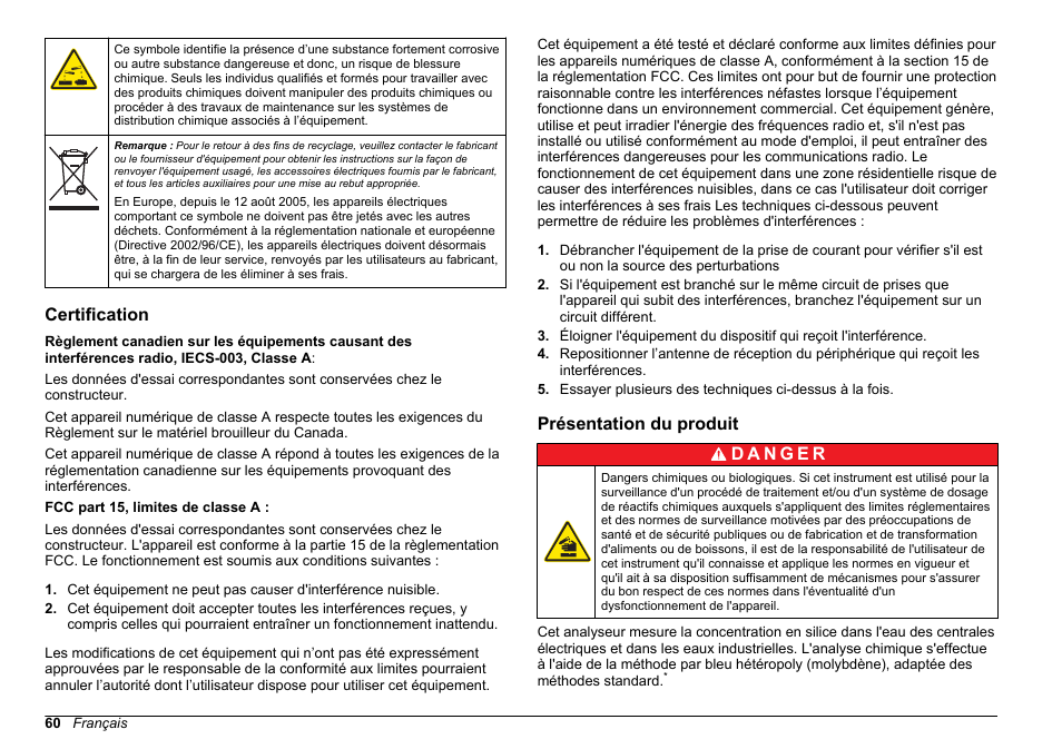 Certification, Présentation du produit | Hach-Lange HACH 5500 sc SiO2 Installation User Manual | Page 60 / 418