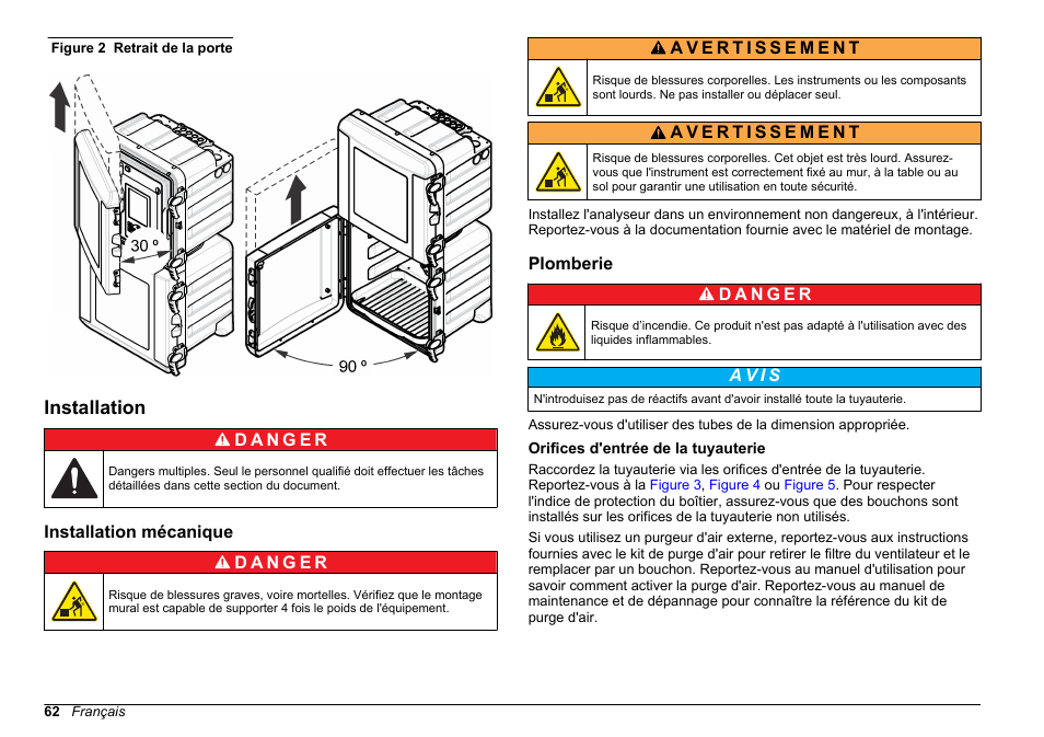 Installation, Installation mécanique, Plomberie | Orifices d'entrée de la tuyauterie, Figure 2 | Hach-Lange HACH 5500 sc SiO2 Installation User Manual | Page 62 / 418