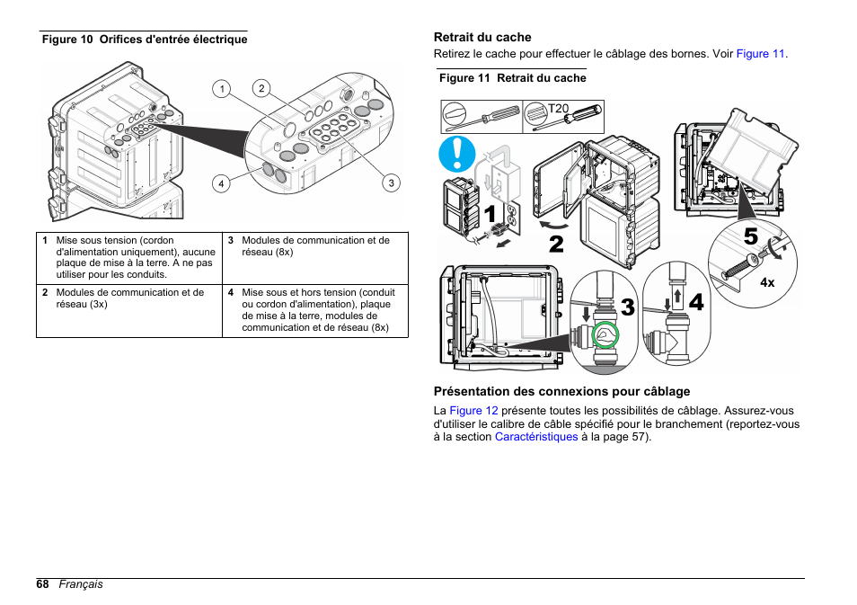 Retrait du cache, Présentation des connexions pour câblage | Hach-Lange HACH 5500 sc SiO2 Installation User Manual | Page 68 / 418