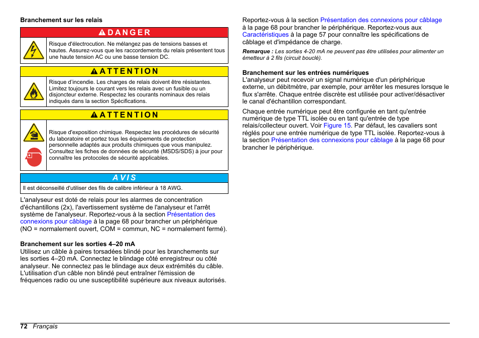 Branchement sur les relais, Branchement sur les sorties 4–20 ma, Branchement sur les entrées numériques | A v i s | Hach-Lange HACH 5500 sc SiO2 Installation User Manual | Page 72 / 418