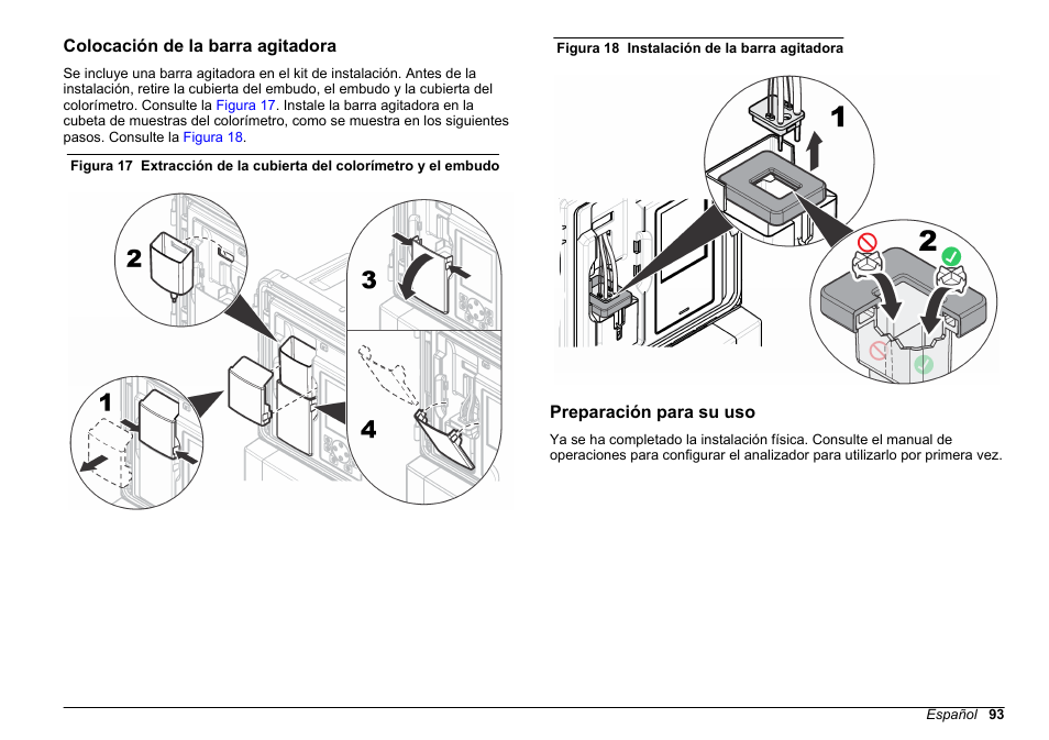 Colocación de la barra agitadora, Preparación para su uso | Hach-Lange HACH 5500 sc SiO2 Installation User Manual | Page 93 / 418