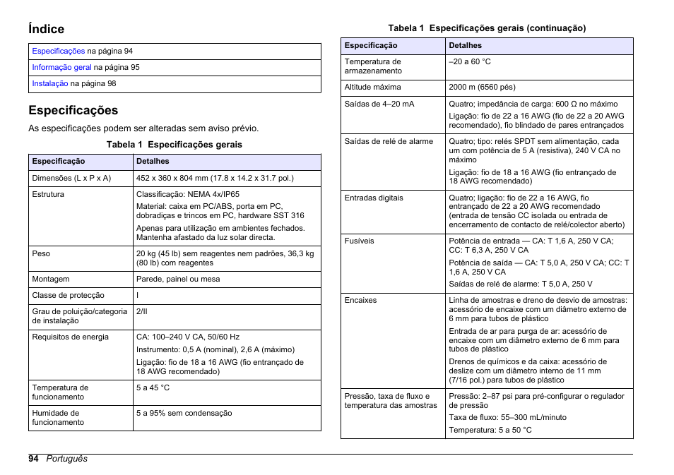 Instalação, Índice, Especificações | Português | Hach-Lange HACH 5500 sc SiO2 Installation User Manual | Page 94 / 418