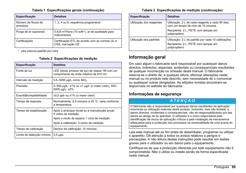 Informação geral, Informações de segurança | Hach-Lange HACH 5500 sc SiO2 Installation User Manual | Page 95 / 418