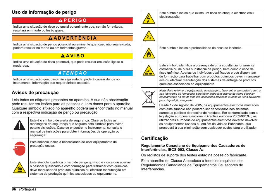 Uso da informação de perigo, Avisos de precaução, Certificação | Hach-Lange HACH 5500 sc SiO2 Installation User Manual | Page 96 / 418