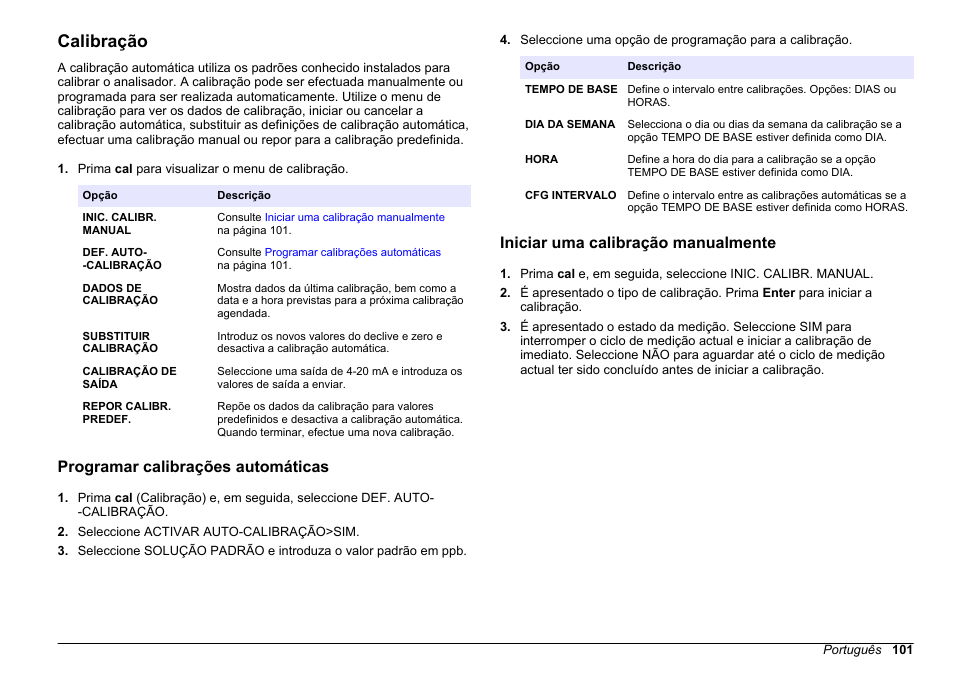 Calibração, Programar calibrações automáticas, Iniciar uma calibração manualmente | Cálculos ou parâmetros de calibração. consulte | Hach-Lange HACH 5500 sc SiO2 Operations User Manual | Page 101 / 394