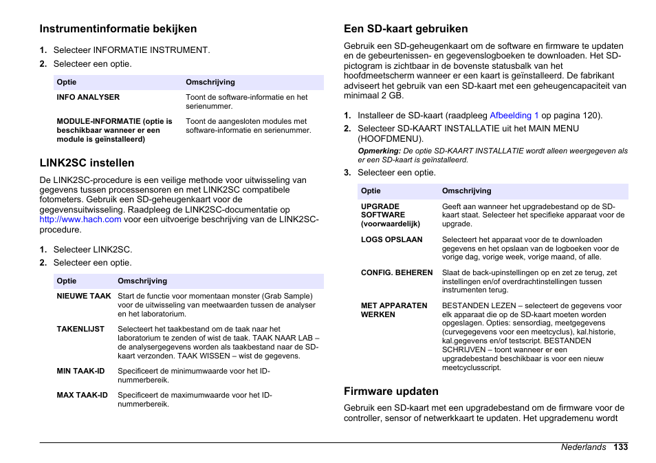 Instrumentinformatie bekijken, Link2sc instellen, Een sd-kaart gebruiken | Firmware updaten | Hach-Lange HACH 5500 sc SiO2 Operations User Manual | Page 133 / 394