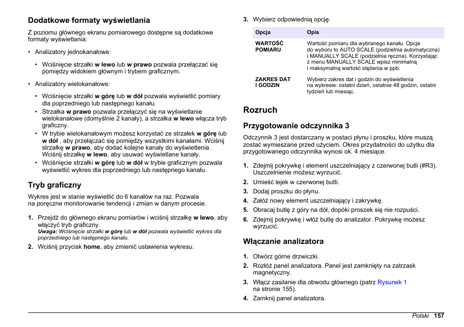 Dodatkowe formaty wyświetlania, Tryb graficzny, Rozruch | Przygotowanie odczynnika 3, Włączanie analizatora, Na stronie 157 | Hach-Lange HACH 5500 sc SiO2 Operations User Manual | Page 157 / 394