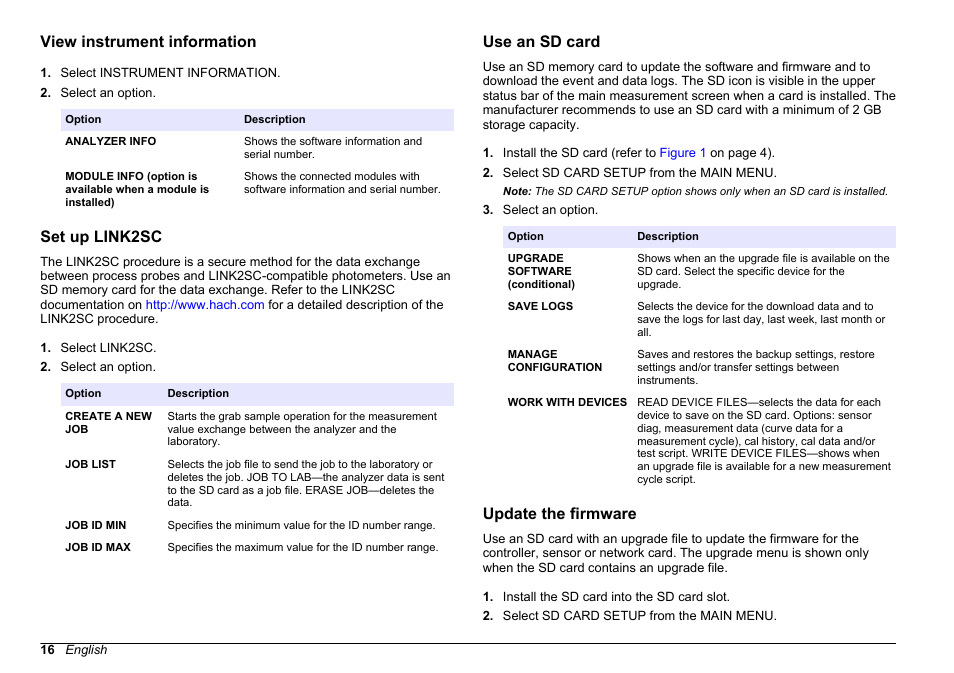 View instrument information, Set up link2sc, Use an sd card | Update the firmware, Information. refer to, View, Instrument information | Hach-Lange HACH 5500 sc SiO2 Operations User Manual | Page 16 / 394