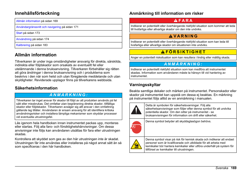 Operationer, Innehållsförteckning, Allmän information | Säkerhetsinformation, Anmärkning till information om risker, Varningsskyltar, Svenska | Hach-Lange HACH 5500 sc SiO2 Operations User Manual | Page 169 / 394