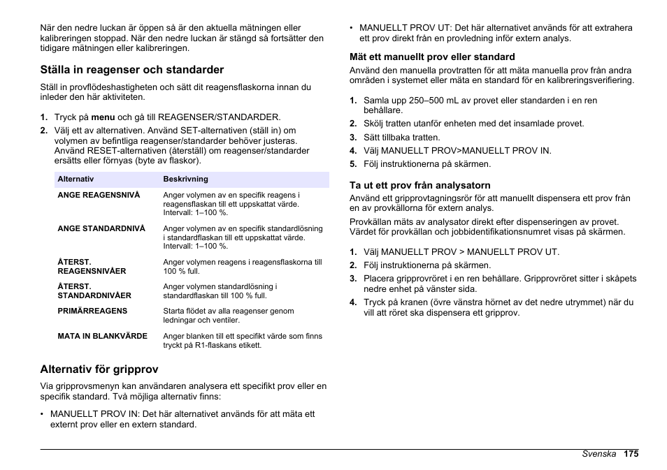 Ställa in reagenser och standarder, Alternativ för gripprov, Mät ett manuellt prov eller standard | Ta ut ett prov från analysatorn | Hach-Lange HACH 5500 sc SiO2 Operations User Manual | Page 175 / 394