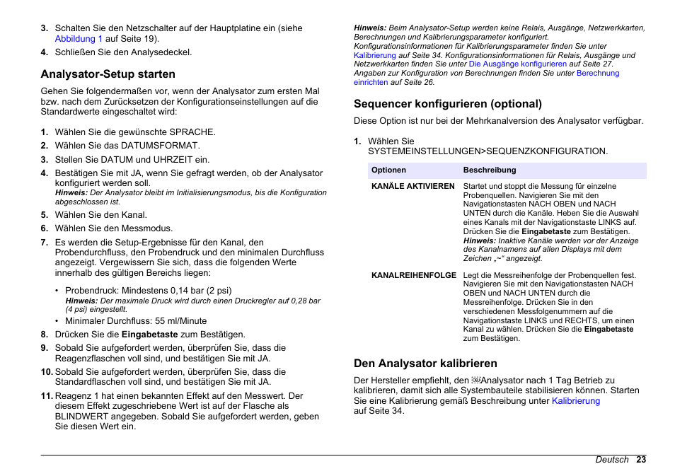 Analysator-setup starten, Sequencer konfigurieren (optional), Den analysator kalibrieren | Hach-Lange HACH 5500 sc SiO2 Operations User Manual | Page 23 / 394