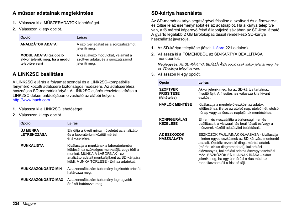 A műszer adatainak megtekintése, A link2sc beállítása, Sd-kártya használata | Meg. lásd | Hach-Lange HACH 5500 sc SiO2 Operations User Manual | Page 234 / 394