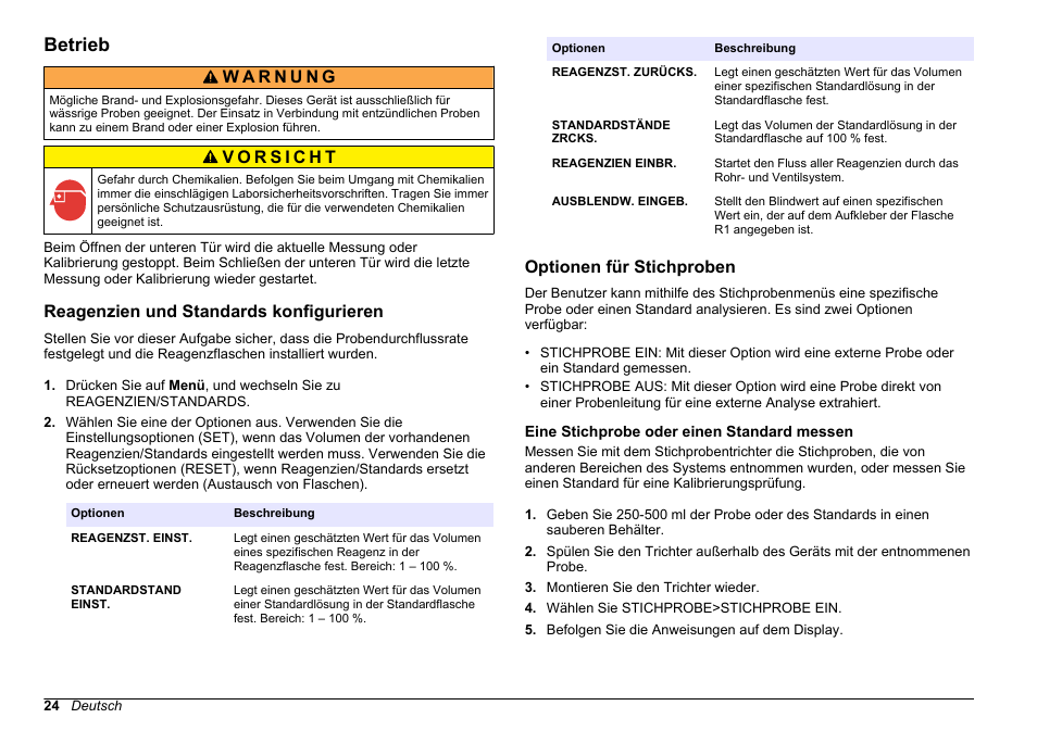 Betrieb, Reagenzien und standards konfigurieren, Optionen für stichproben | Eine stichprobe oder einen standard messen | Hach-Lange HACH 5500 sc SiO2 Operations User Manual | Page 24 / 394