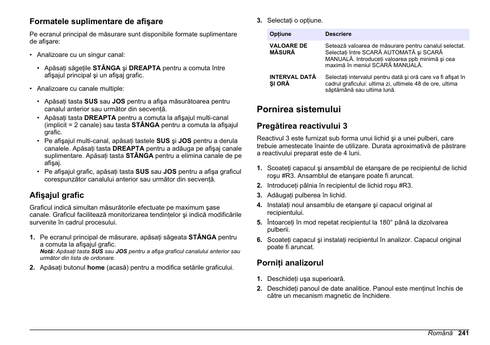 Formatele suplimentare de afişare, Afişajul grafic, Pornirea sistemului | Pregătirea reactivului 3, Porniţi analizorul | Hach-Lange HACH 5500 sc SiO2 Operations User Manual | Page 241 / 394