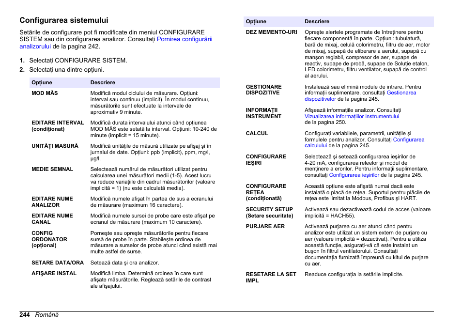 Configurarea sistemului | Hach-Lange HACH 5500 sc SiO2 Operations User Manual | Page 244 / 394