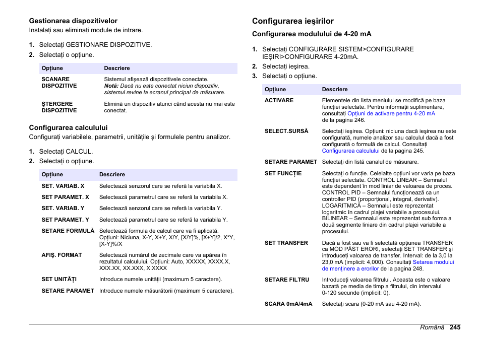Gestionarea dispozitivelor, Configurarea calculului, Configurarea ieşirilor | Configurarea modulului de 4-20 ma, Consultaţi, Configurarea, Calculului, Informaţii suplimentare, consultaţi, Gestionarea, Dispozitivelor | Hach-Lange HACH 5500 sc SiO2 Operations User Manual | Page 245 / 394