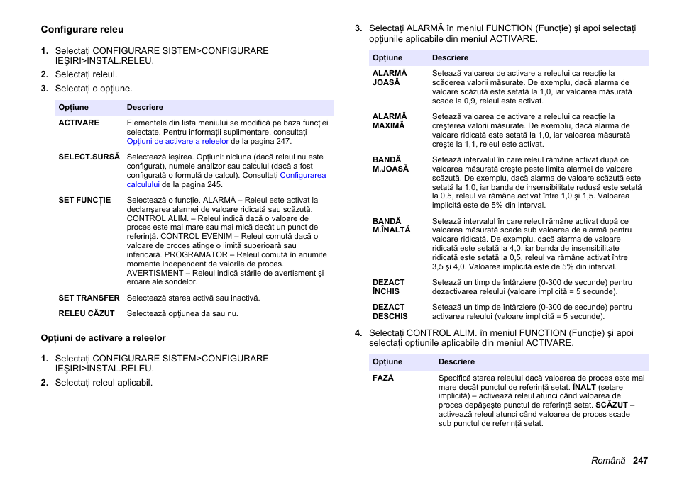 Configurare releu, Opţiuni de activare a releelor | Hach-Lange HACH 5500 sc SiO2 Operations User Manual | Page 247 / 394