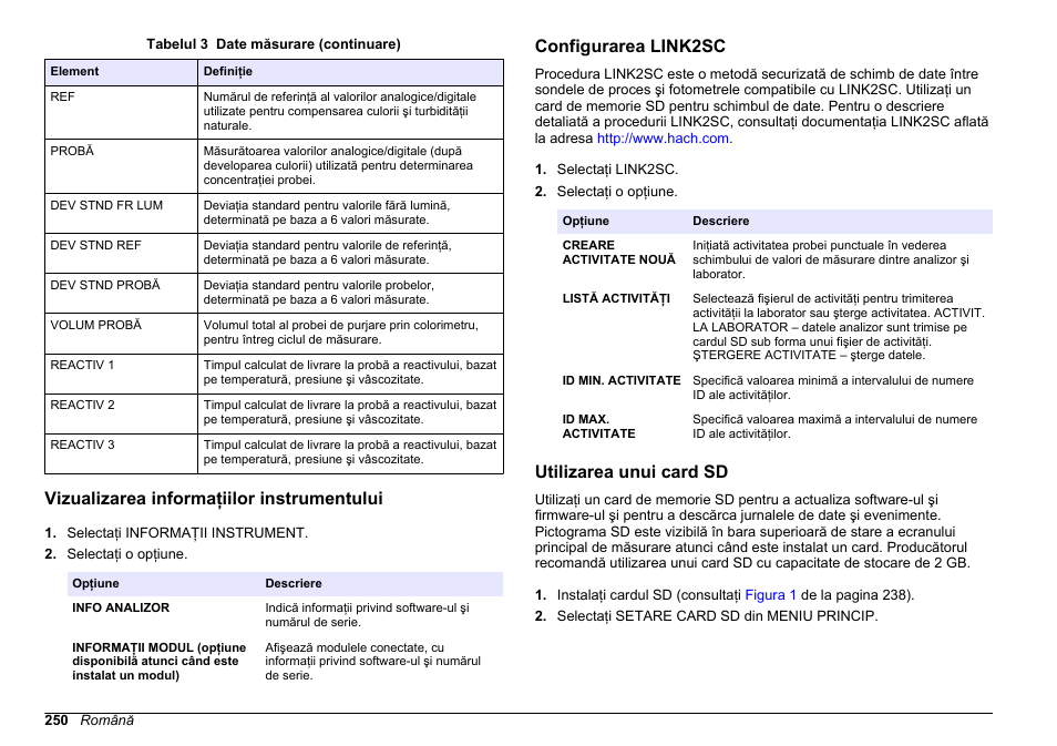Vizualizarea informaţiilor instrumentului, Configurarea link2sc, Utilizarea unui card sd | Hach-Lange HACH 5500 sc SiO2 Operations User Manual | Page 250 / 394