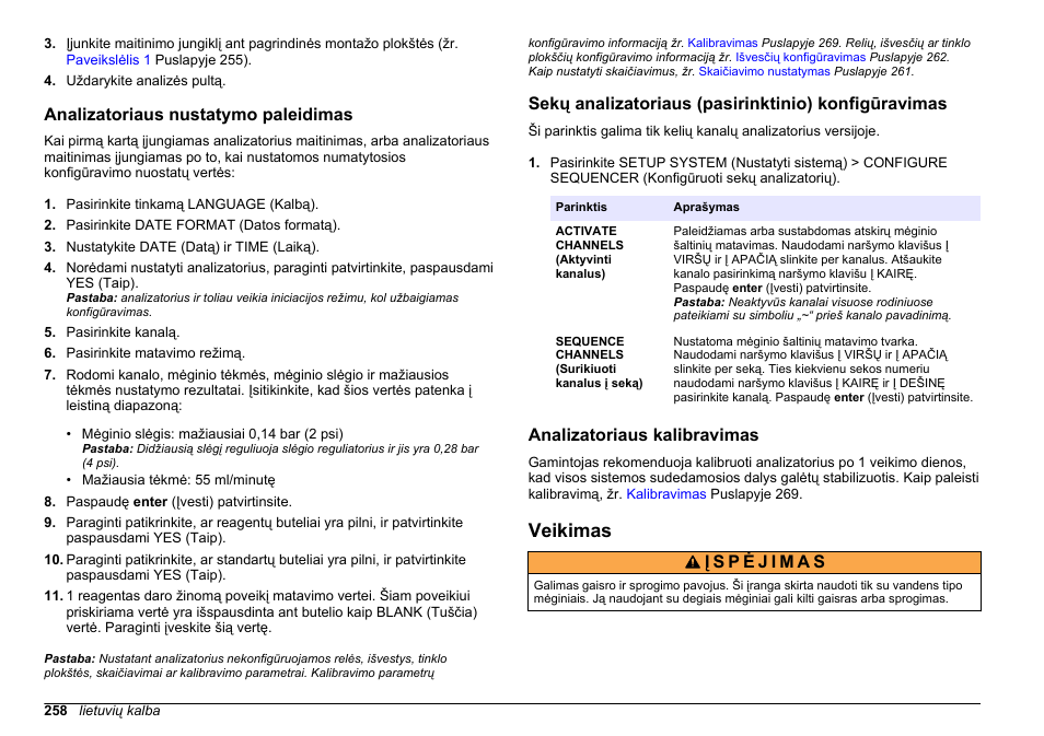 Analizatoriaus nustatymo paleidimas, Sekų analizatoriaus (pasirinktinio) konfigūravimas, Analizatoriaus kalibravimas | Veikimas | Hach-Lange HACH 5500 sc SiO2 Operations User Manual | Page 258 / 394