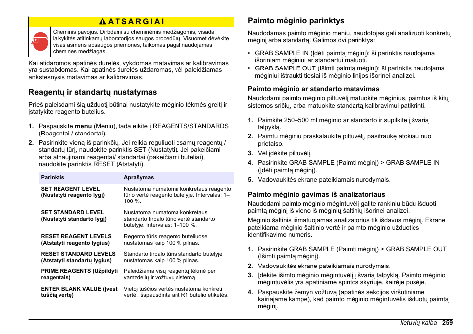 Reagentų ir standartų nustatymas, Paimto mėginio parinktys, Paimto mėginio ar standarto matavimas | Paimto mėginio gavimas iš analizatoriaus | Hach-Lange HACH 5500 sc SiO2 Operations User Manual | Page 259 / 394